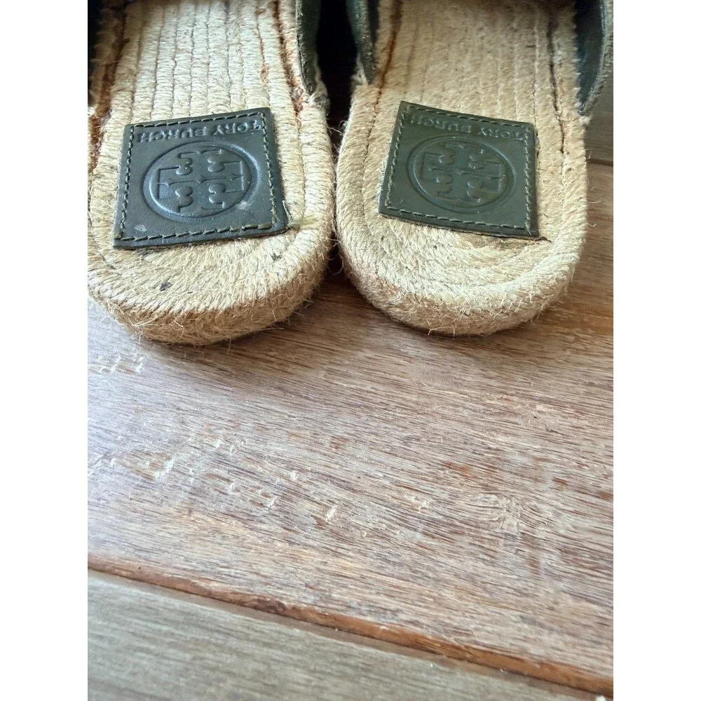 Tory Burch Olive Green Suede Espadrille Mules Slide Sandals Flat Shoes Size 8